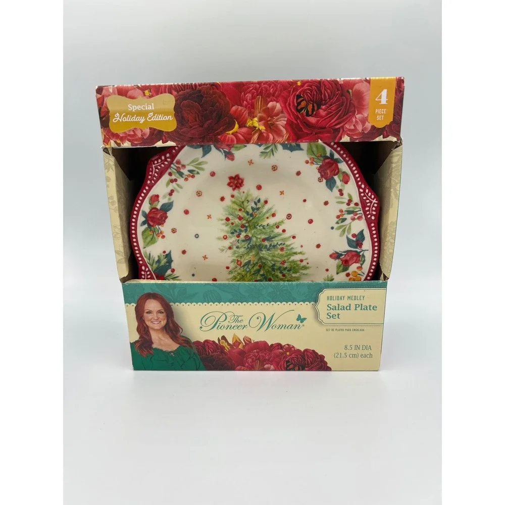 The Pioneer Woman Holiday Medley Salad Plate Set 4 Piece Christmas Tree 8.5 Inch